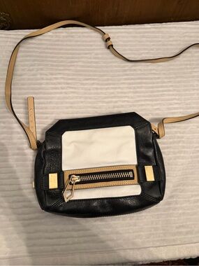 Two-Tone Black and White Leather Crossbody Bag with Tan Strap